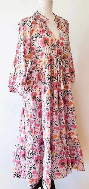 Pastel Pink Floral Block Print Midi Dress Is Delightful And Feminine