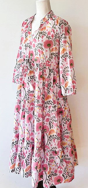 Pastel Pink Floral Block Print Midi Dress Is Delightful And Feminine