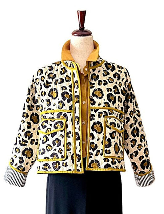 Jacket, Collared Reversible Cotton Quilted Cheetah Print With Stripe Piping.