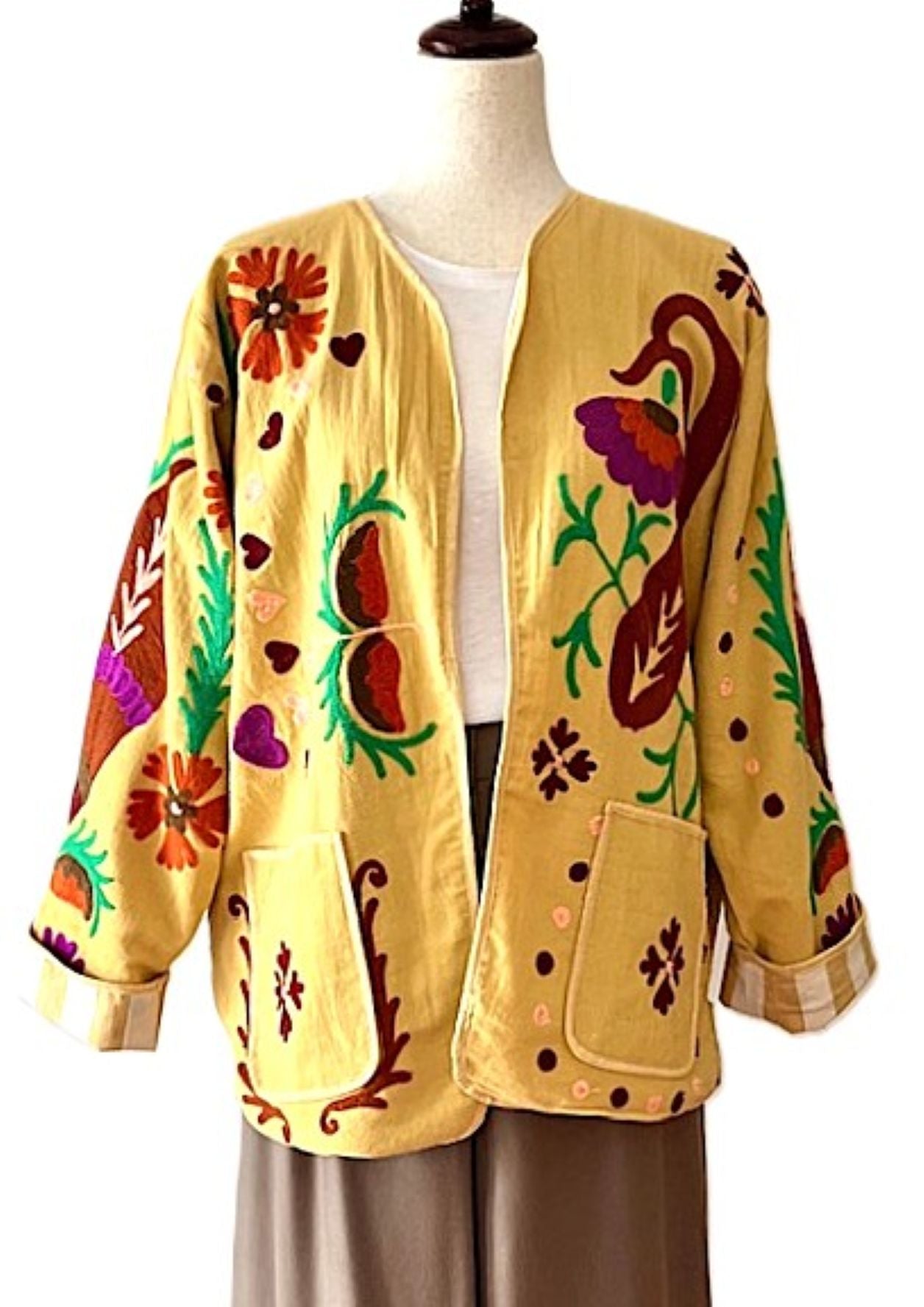 Jacket,  Wearable Art In This Boho Suzani Cotton Kimono "Love" Jacket. (Yellow)