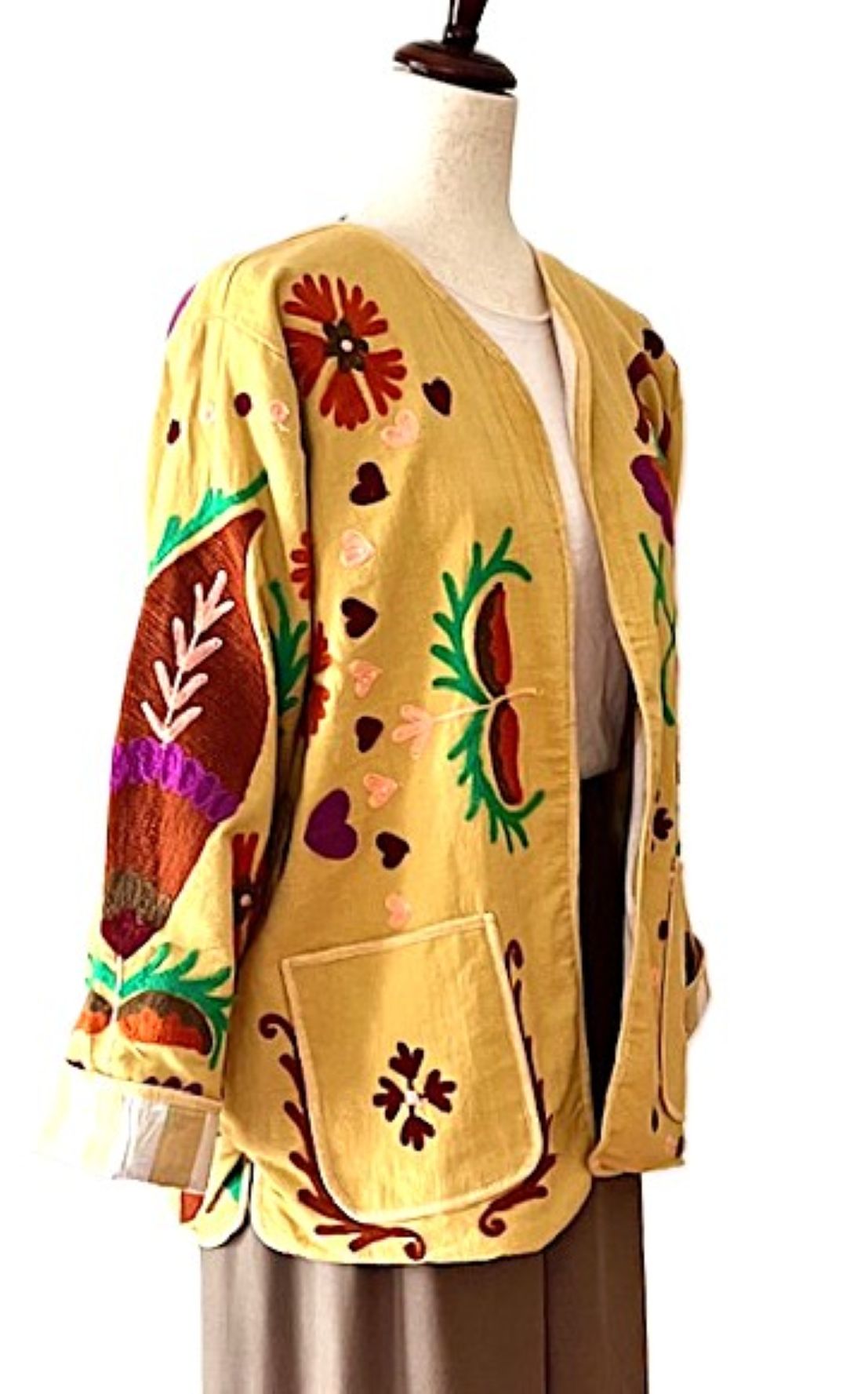 Jacket,  Wearable Art In This Boho Suzani Cotton Kimono "Love" Jacket. (Yellow)