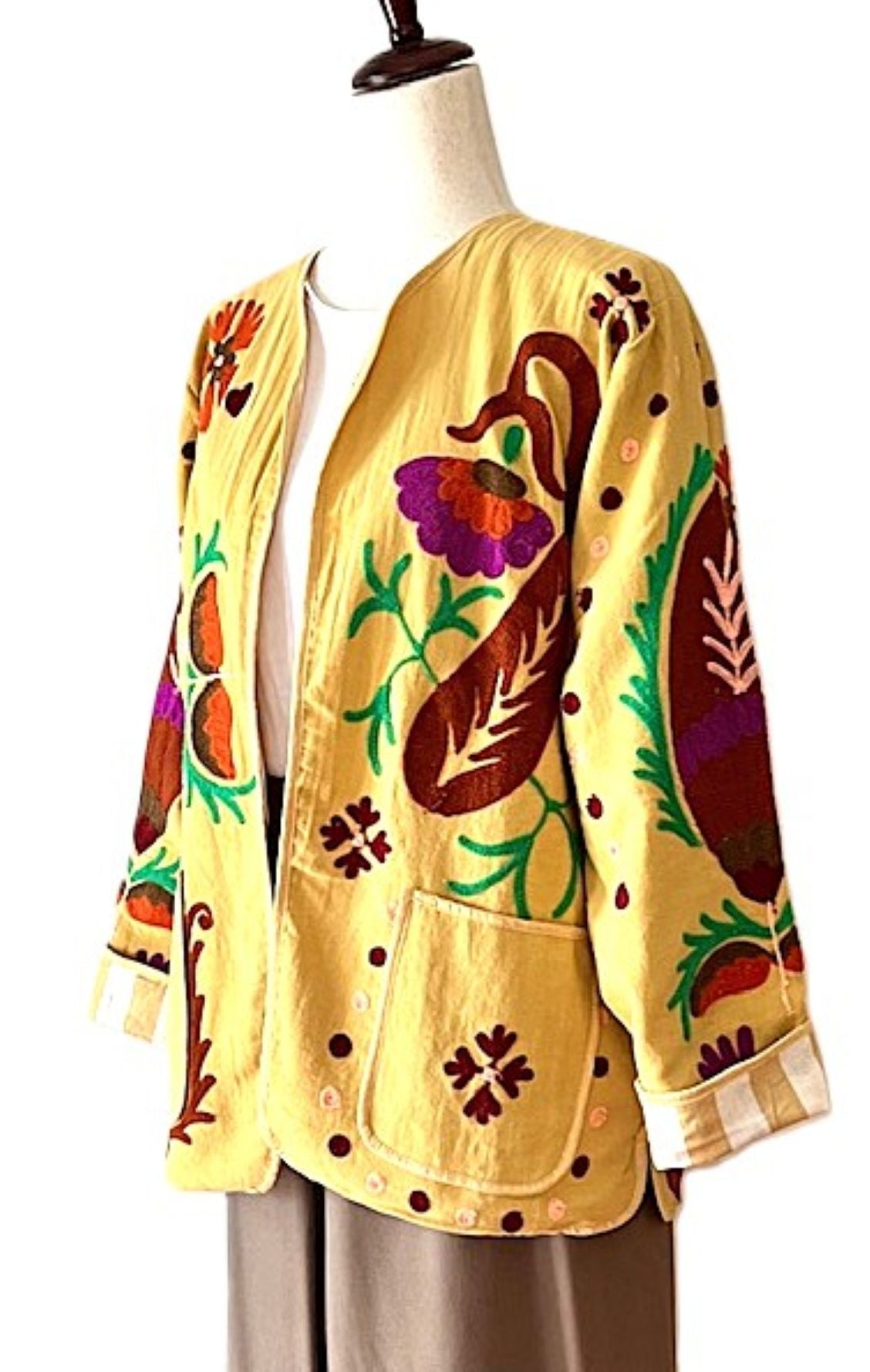 Jacket,  Wearable Art In This Boho Suzani Cotton Kimono "Love" Jacket. (Yellow)