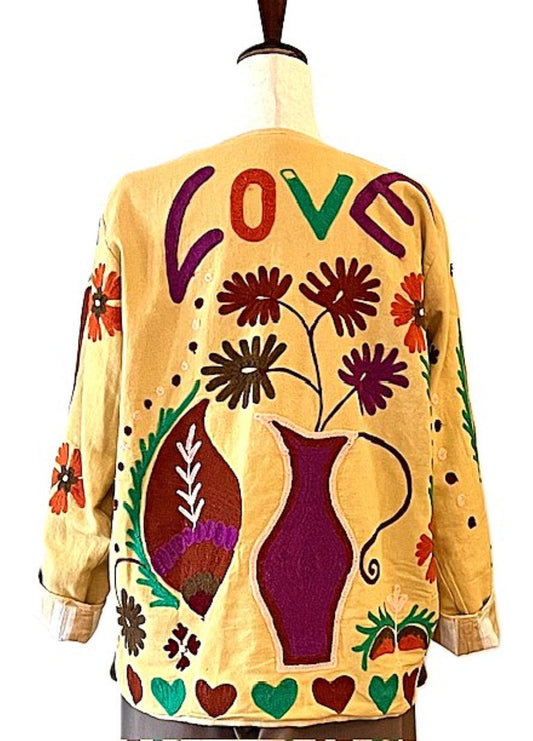 Jacket,  Wearable Art In This Boho Suzani Cotton Kimono "Love" Jacket. (Yellow)