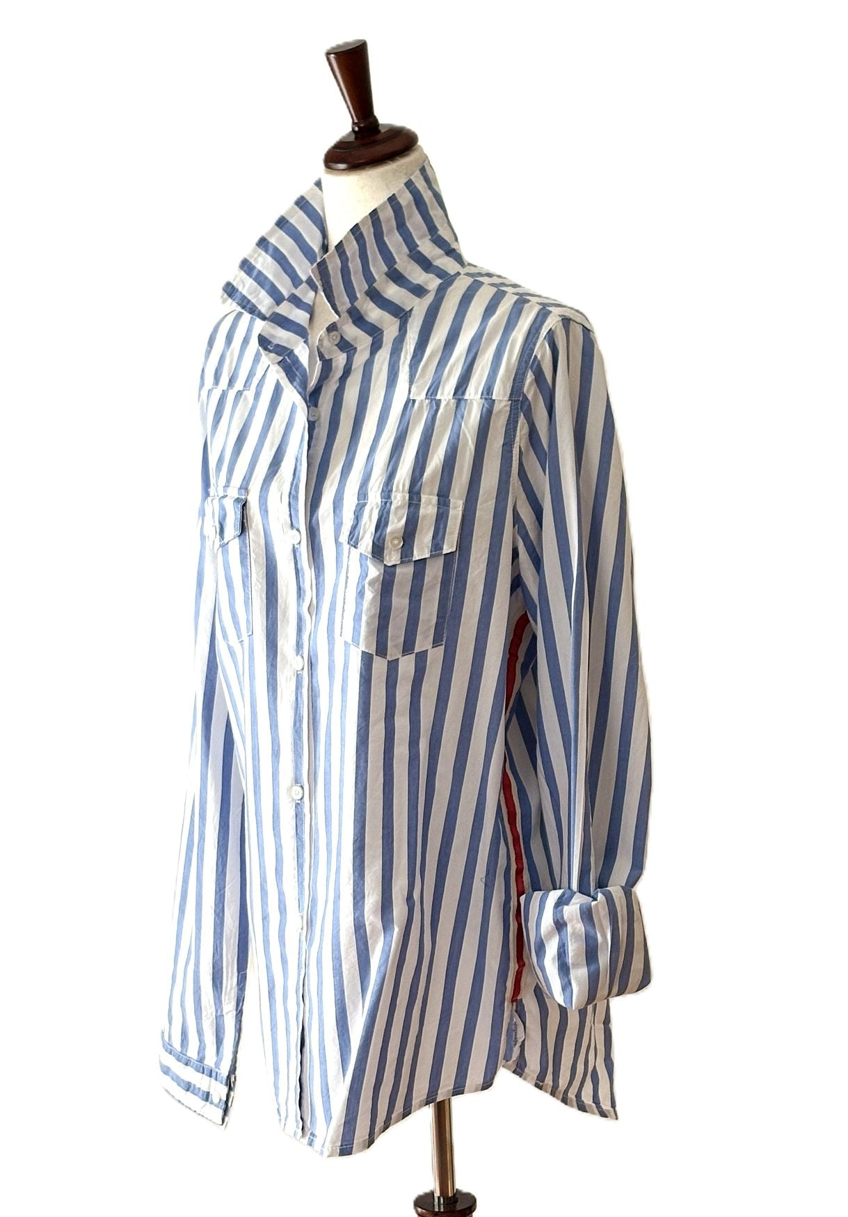Top, Striped Rose Patchwork Shirt. Tailored Classic (Blue White Stripe)