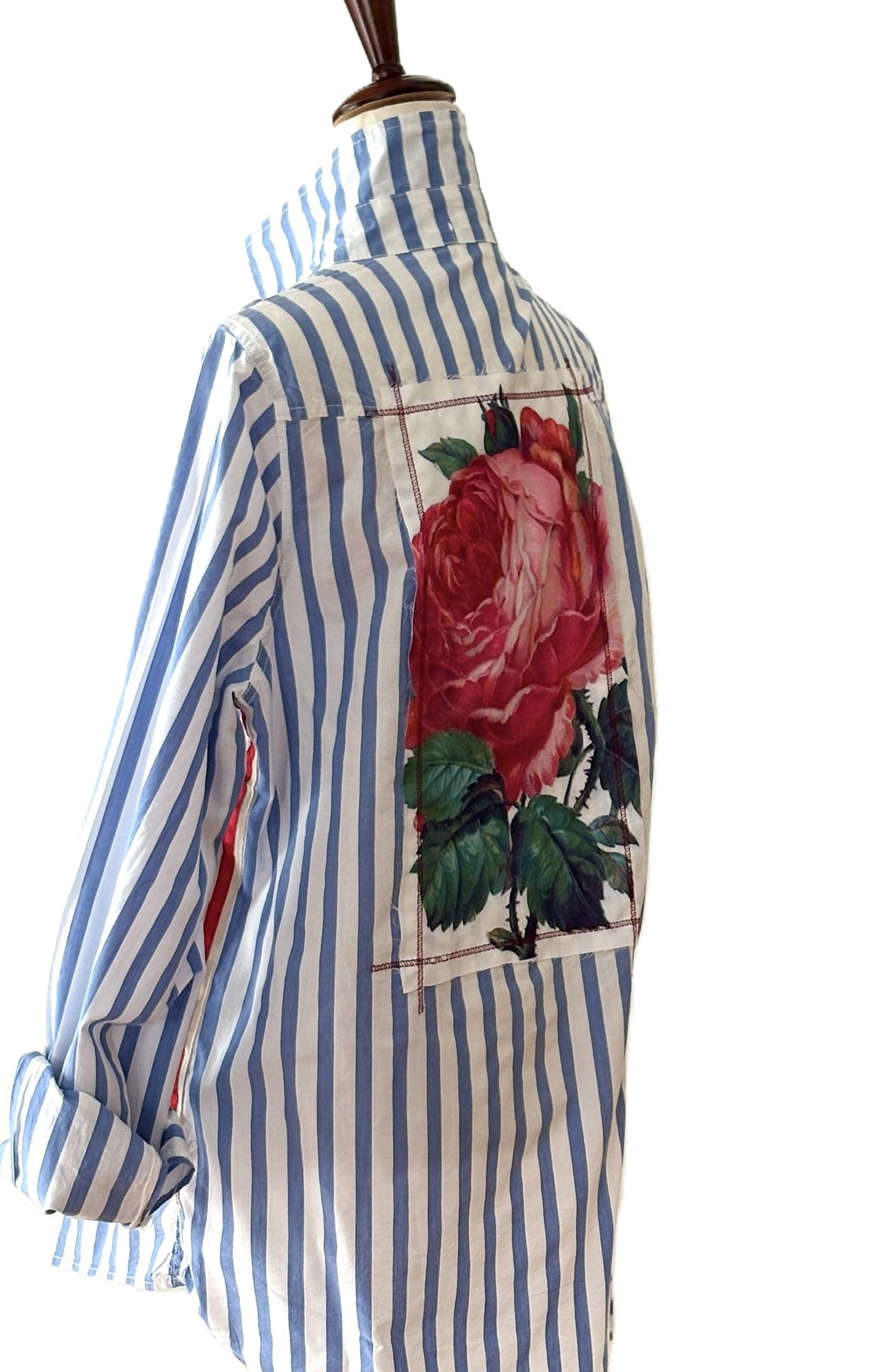 Top, Striped Rose Patchwork Shirt. Tailored Classic (Blue White Stripe)