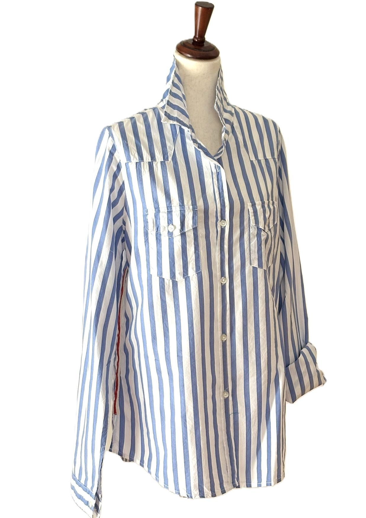 Top, Striped Rose Patchwork Shirt. Tailored Classic (Blue White Stripe)