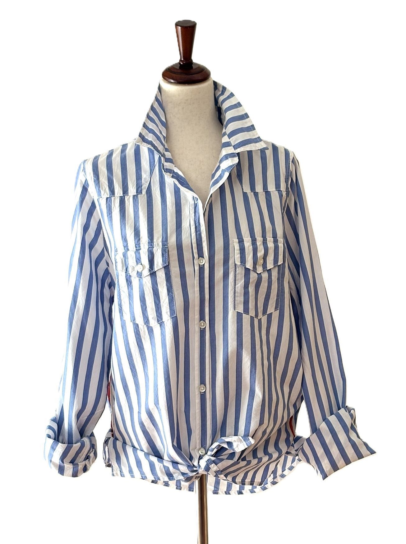Top, Striped Rose Patchwork Shirt. Tailored Classic (Blue White Stripe)