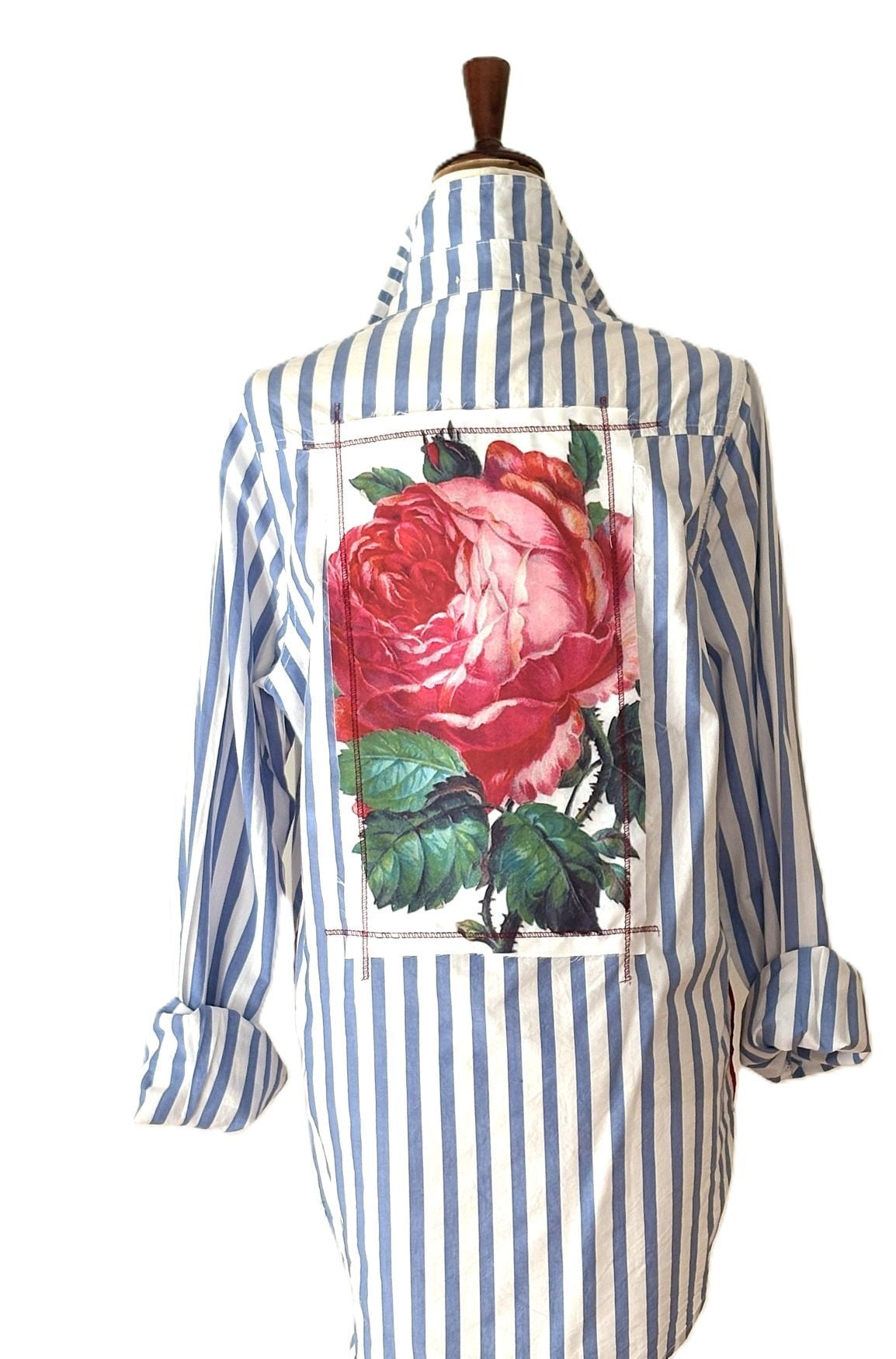 Top, Striped Rose Patchwork Shirt. Tailored Classic (Blue White Stripe)