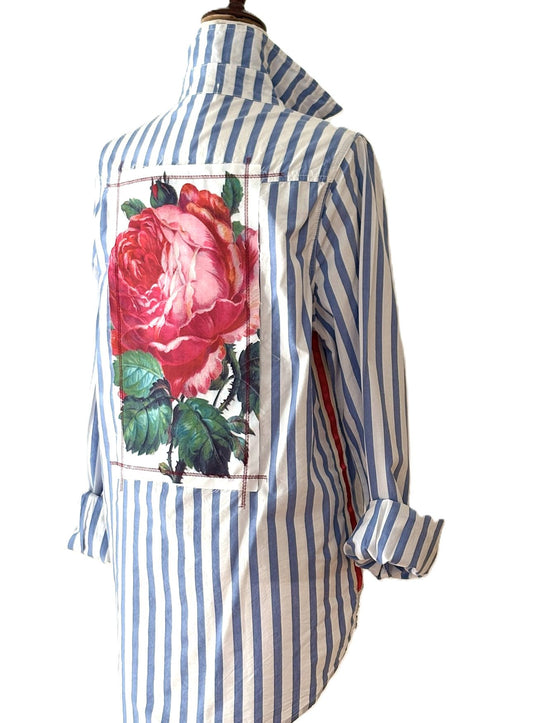 Top, Striped Rose Patchwork Shirt. Tailored Classic (Blue White Stripe)