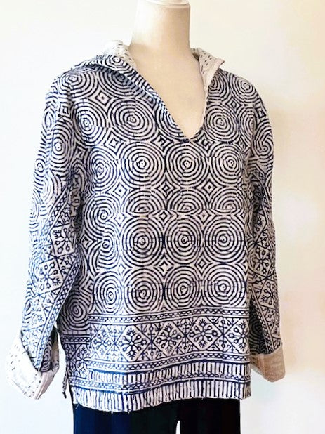 Block Print Hoodie Redefines Kantha Stitching (Indigo)