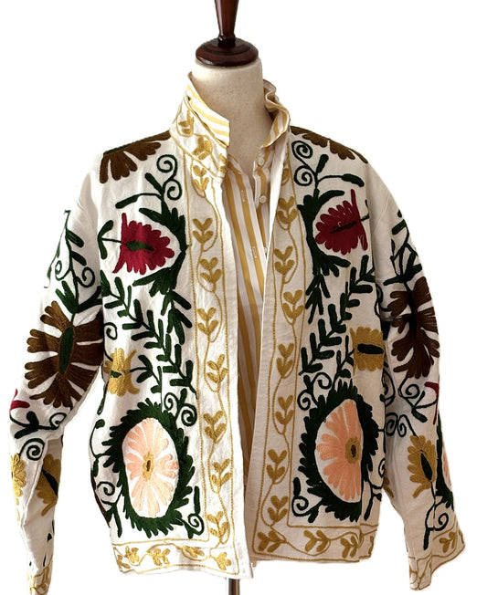 Wearable Art In This Beautiful Khadi Suzani Hand Embroidered Floral Jacket. (Multicolor)
