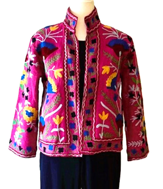 Wearable Art In This Hand Embroidered Short Jacket.  (Pink)