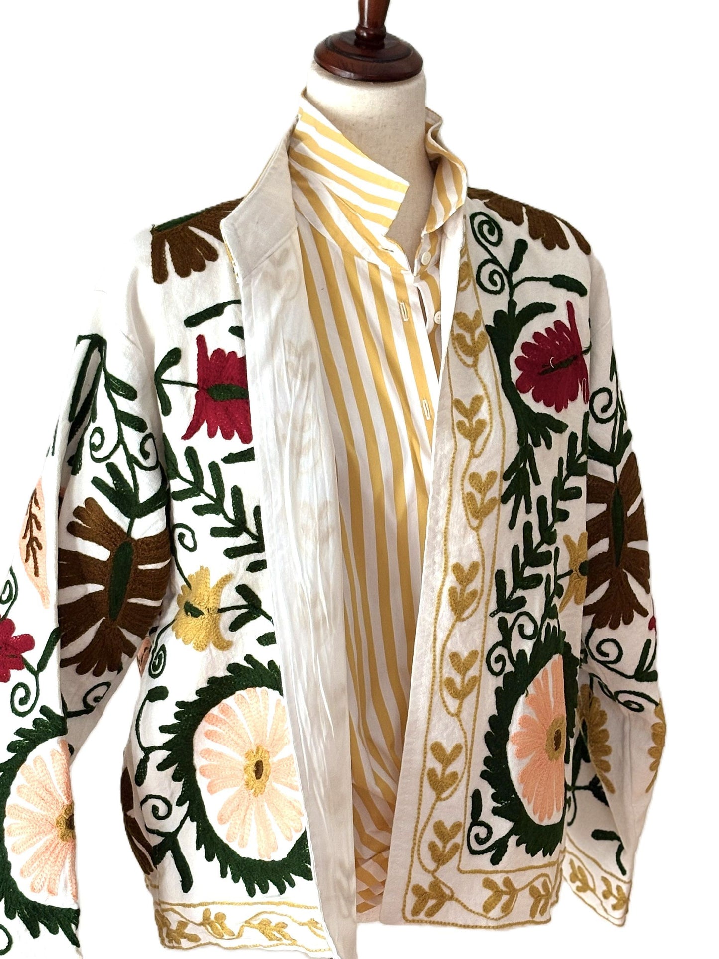 Wearable Art In This Beautiful Khadi Suzani Hand Embroidered Floral Jacket. (Multicolor)