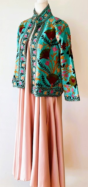 Short Box Cut Suzani Hand Embroidered Jacket In Jade.