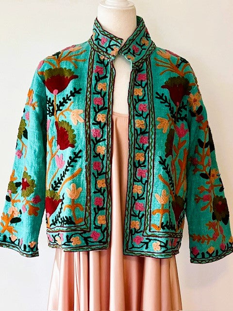 Short Box Cut Suzani Hand Embroidered Jacket In Jade.