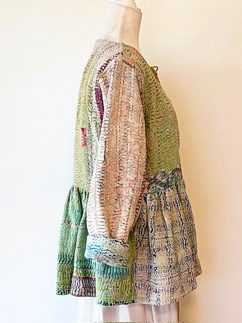 Wearable Art: Handmade Kantha Stitched Multi ColoredJacket. Swing Cut, Pastel