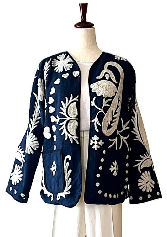 Jacket,  Wearable Art In This Hand Embroidered Short Contemporary "Love" Jacket.  (Navy)
