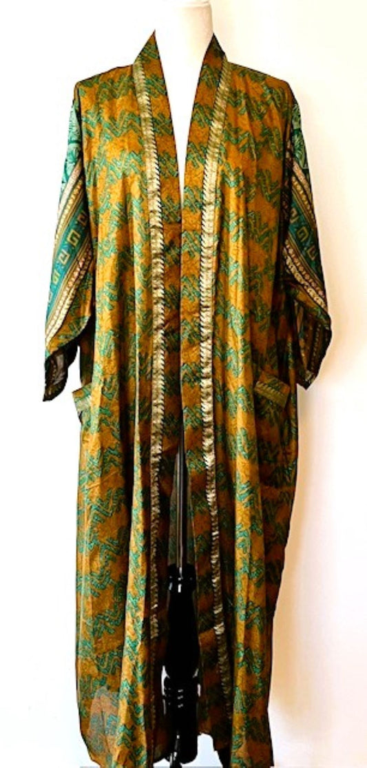 Luxury Silk Mixed Print Kimono Duster Is Seductive (Olive)