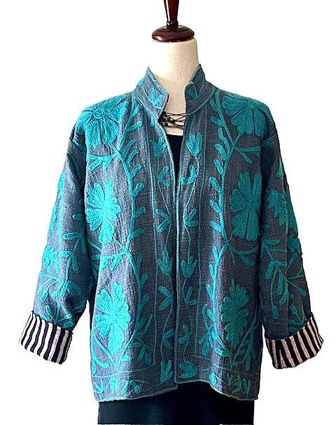 Jacket, Short Open Cut Suzani Hand Embroidered Jacket. Simple and Stylish.