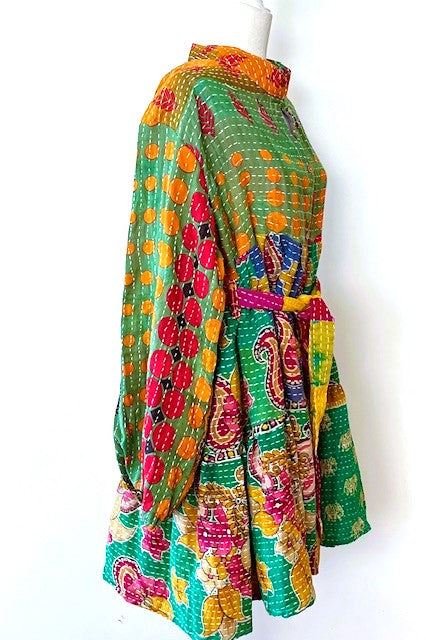 Luminous Mixed Print Mini Dress, Kantha Embroidered (Green)