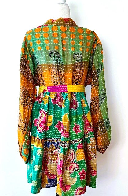 Luminous Mixed Print Mini Dress, Kantha Embroidered (Green)