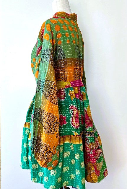 Luminous Mixed Print Mini Dress, Kantha Embroidered (Green)