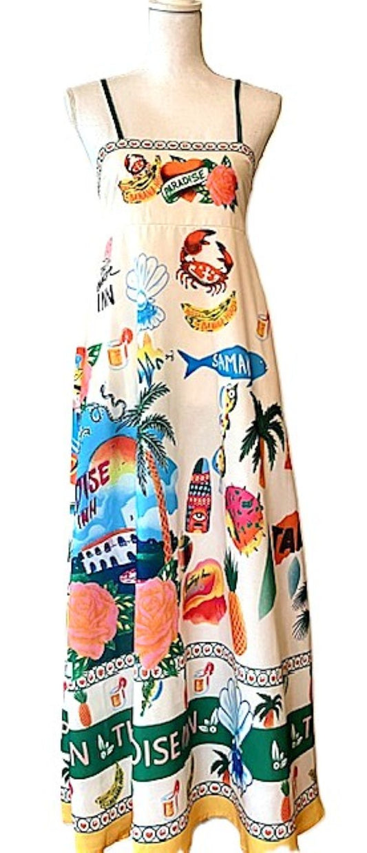 Vibrant Tropical Summer Print Maxi Slip Dress. Fun