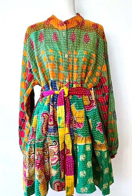 Luminous Mixed Print Mini Dress, Kantha Embroidered (Green)