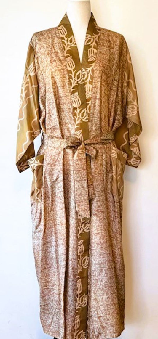 Luxury Silk Mixed Print Kimono Duster Is Seductive( Bronze)