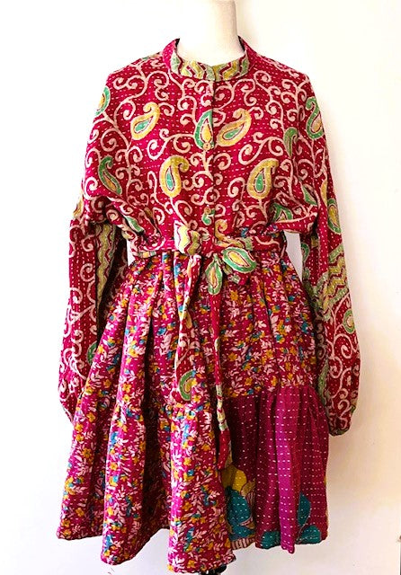 Luminous Mixed Print Mini Dress, Kantha Embroidered (Fuschia)