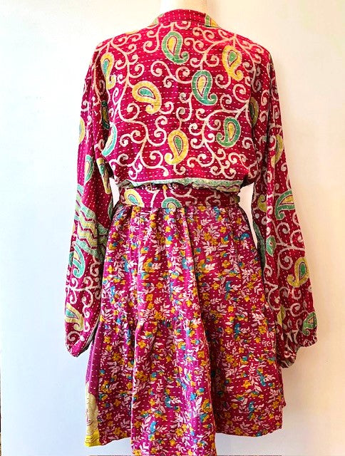 Luminous Mixed Print Mini Dress, Kantha Embroidered (Fuschia)