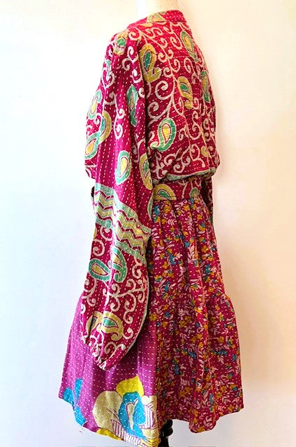 Luminous Mixed Print Mini Dress, Kantha Embroidered (Fuschia)