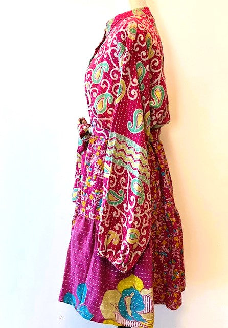 Luminous Mixed Print Mini Dress, Kantha Embroidered (Fuschia)