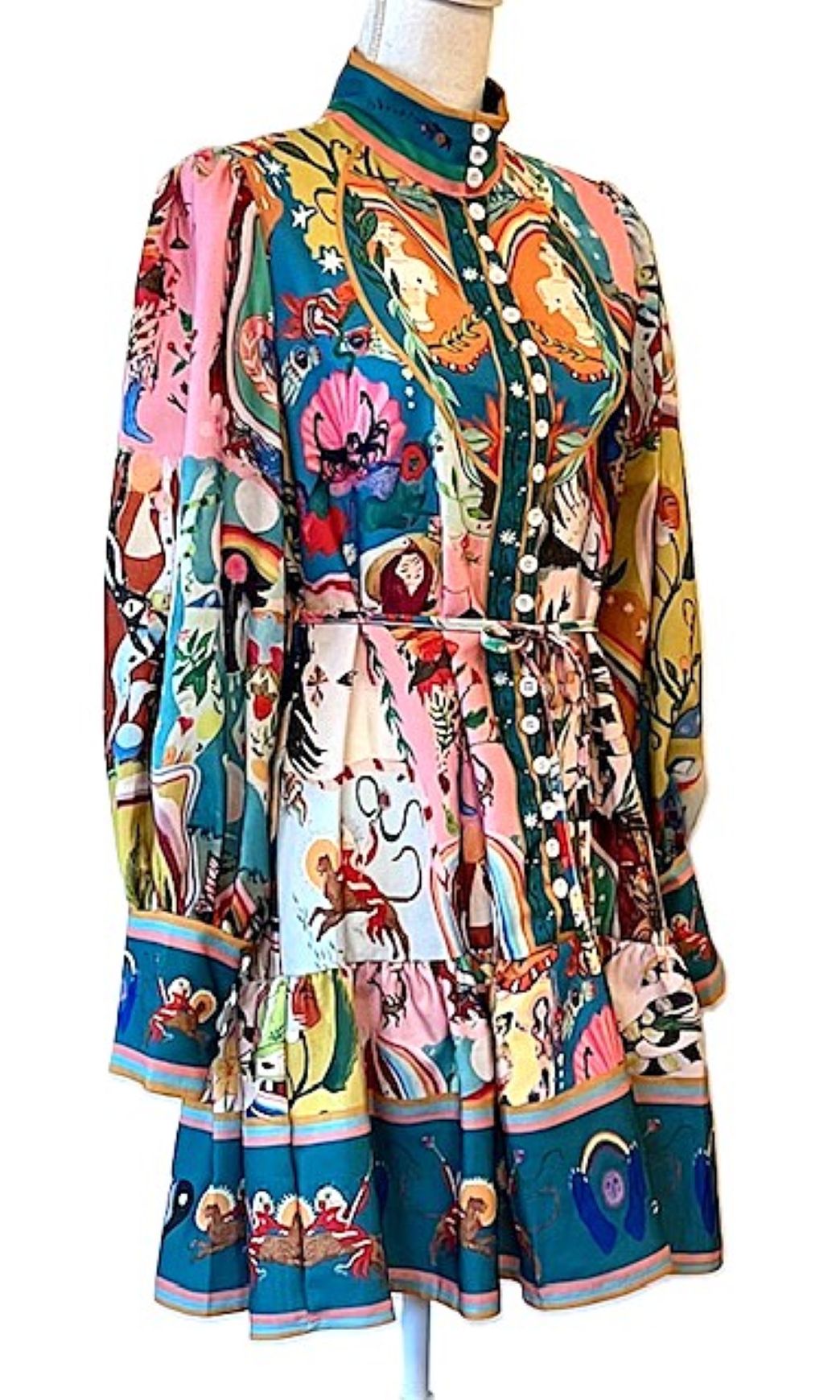 Sassy Mixed Print Long Sleeve Ruffled Short Dress.