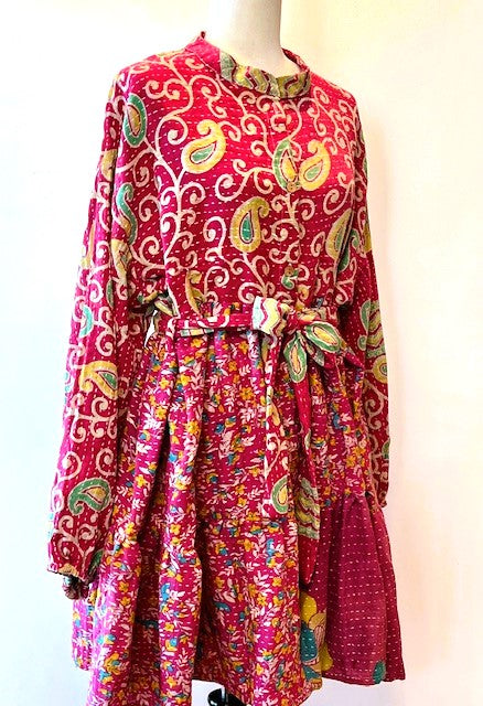 Luminous Mixed Print Mini Dress, Kantha Embroidered (Fuschia)