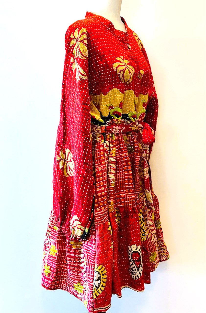 Luminous Mixed Print Mini Dress, Kantha Embroidered (Red)