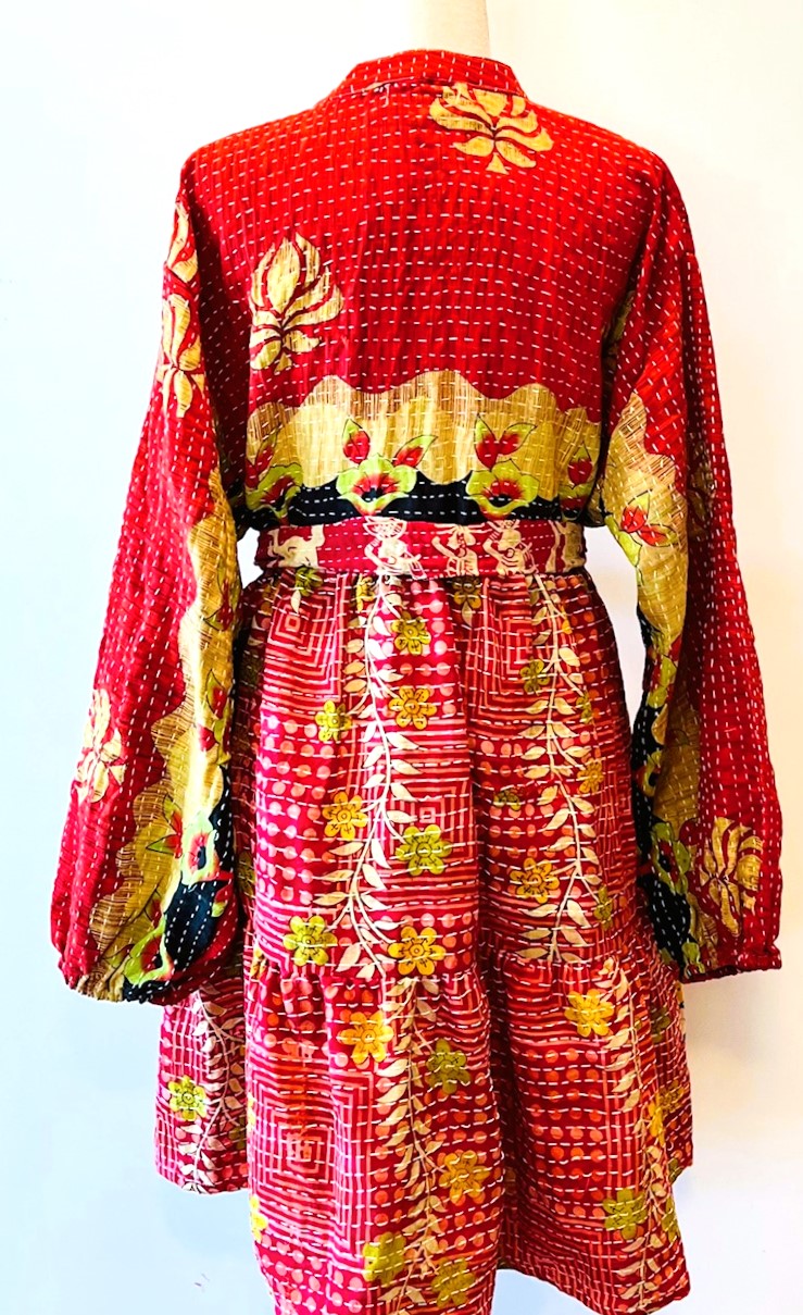 Luminous Mixed Print Mini Dress, Kantha Embroidered (Red)