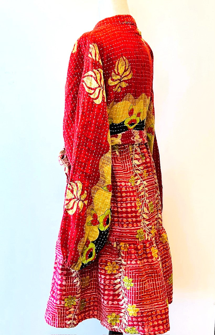 Luminous Mixed Print Mini Dress, Kantha Embroidered (Red)