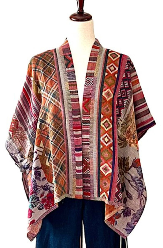 Jacket: Boho Inspired Floral Geometric Short Open Poncho. Contemporary Spin.