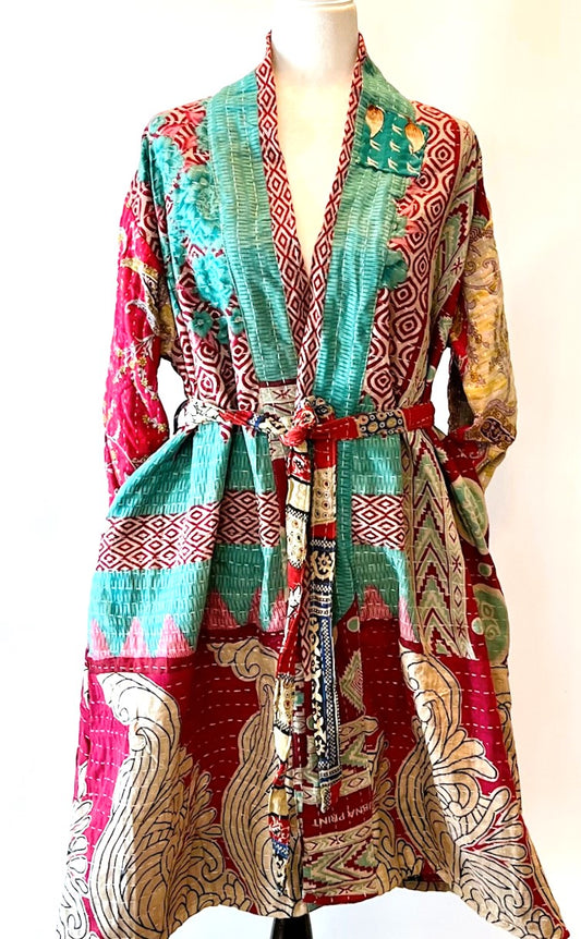 Kantha Trench Kimono Coat Will Exceed Your Expectations (Aqua and Wine)