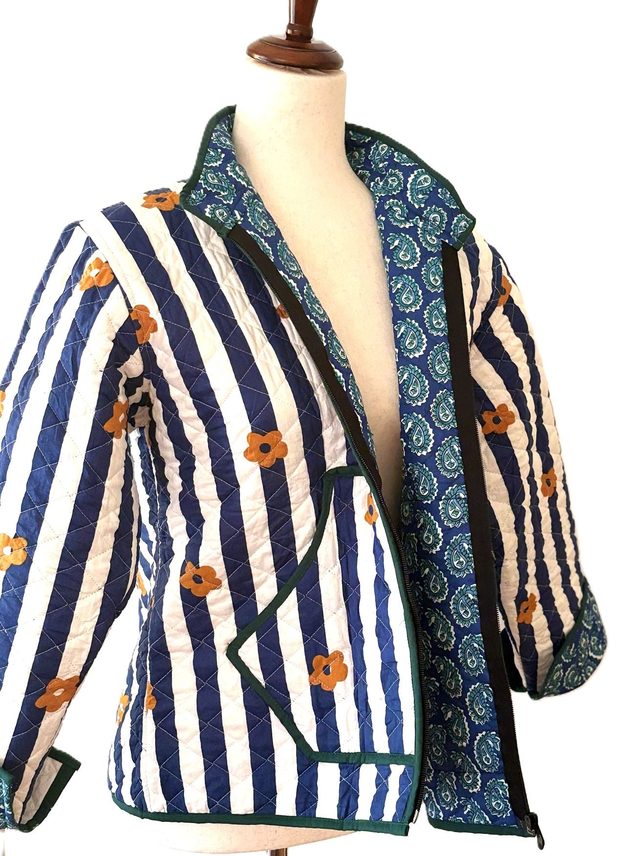 Jackets: Short, Quilted Striped Unique, Fully Reversible. (Navy) A Favorite. Last ONE !