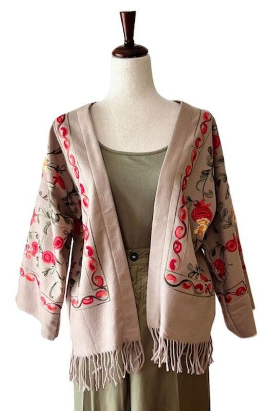 Jacket, Luxury At It's Finest. Cashmere Suzani Embroidered Jacket With Fringe Artisan (Camel)