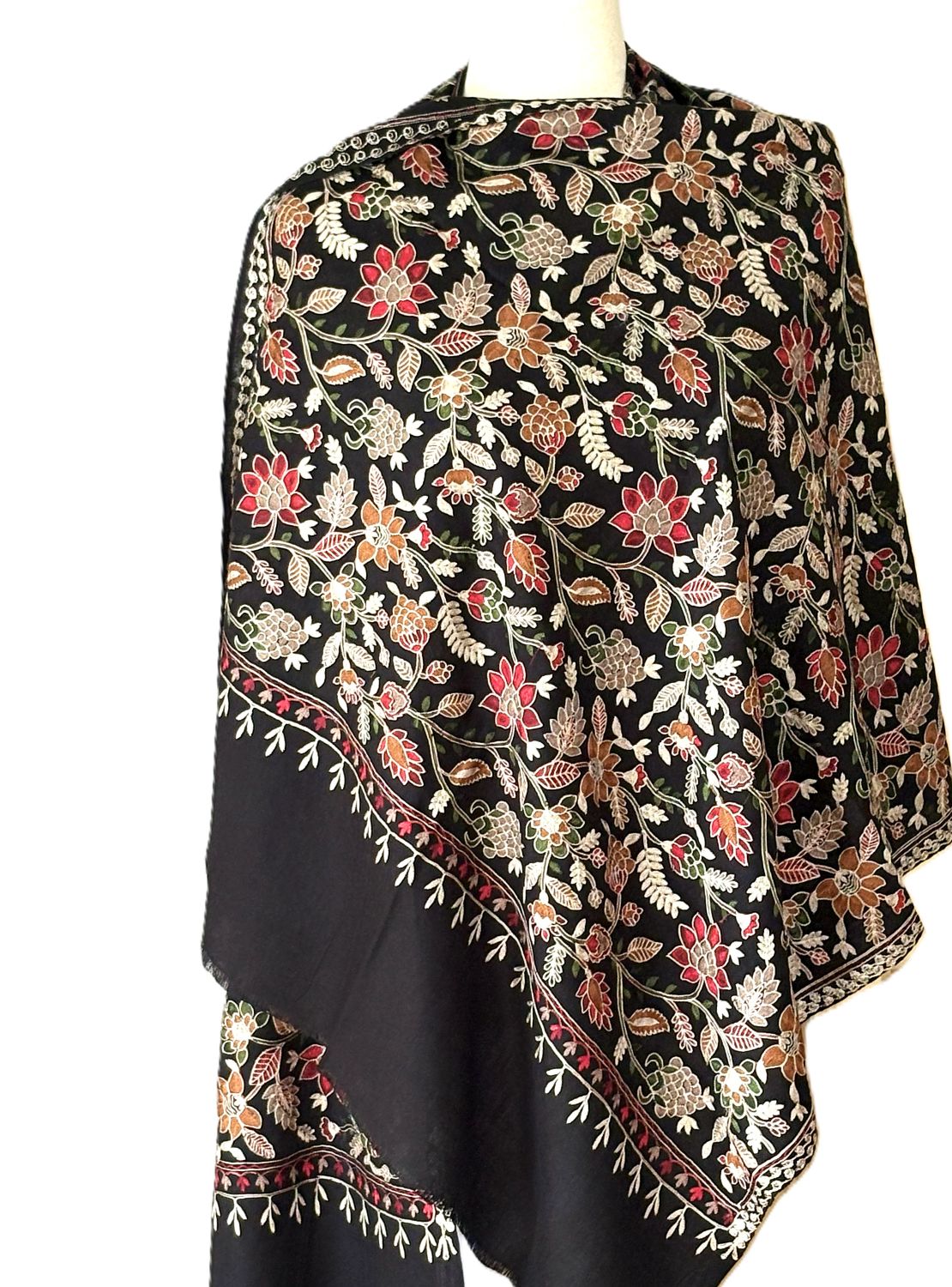 Shawl or Wrap, Kashmiri Embroidered Pashmina Wool. Collector's Piece.