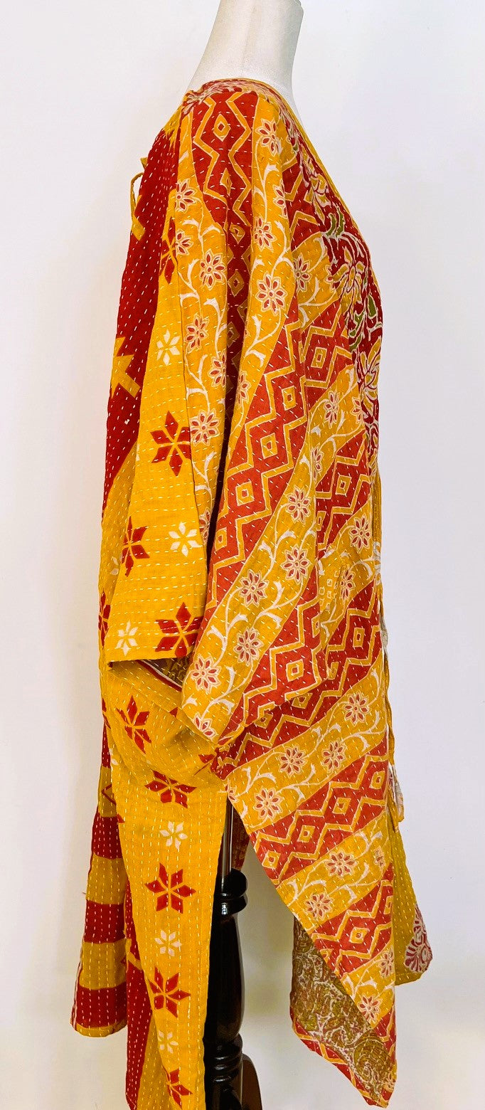 Kantha Dreams, Midi Cotton Dress Goes Everywhere (Red, Yellow)