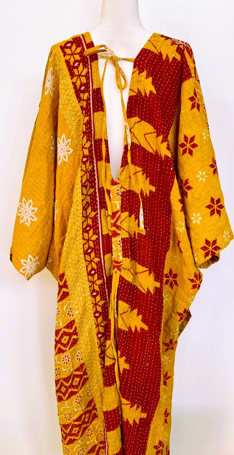 Kantha Dreams, Midi Cotton Dress Goes Everywhere (Red, Yellow)