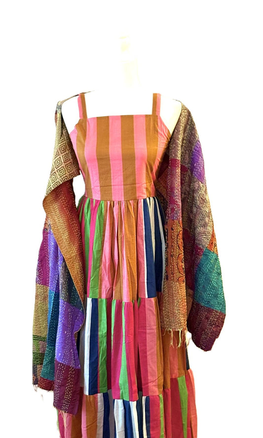 Dresses: Colorful Long Handmade Floral Cotton Midi Dress. Resortwear.