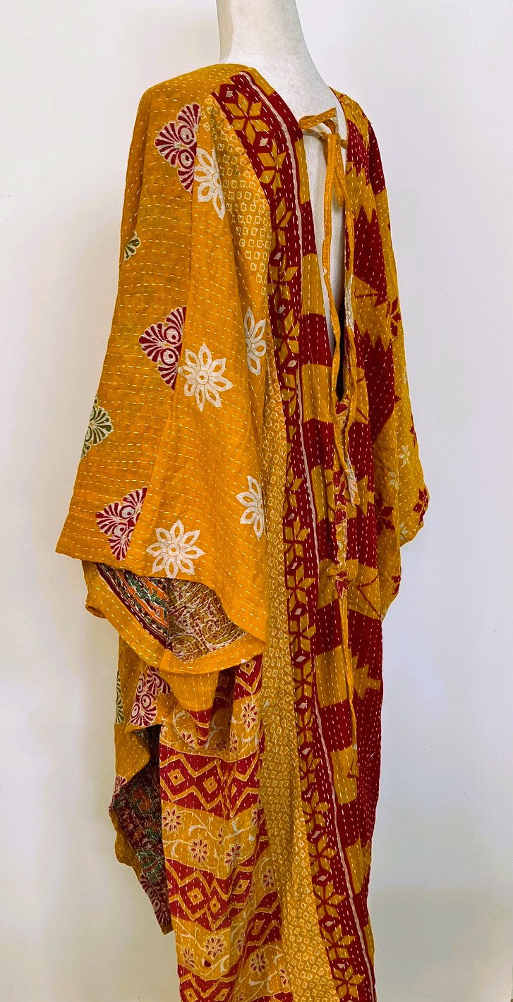 Kantha Dreams, Midi Cotton Dress Goes Everywhere (Red, Yellow)