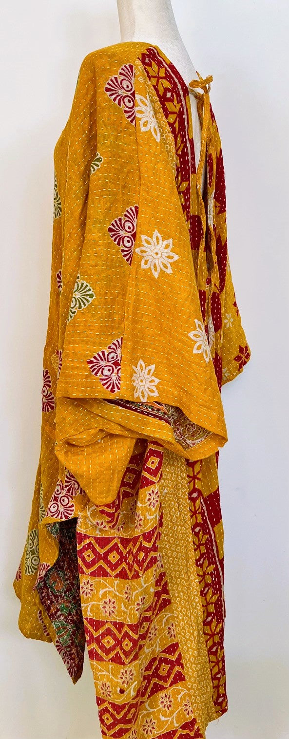 Kantha Dreams, Midi Cotton Dress Goes Everywhere (Red, Yellow)