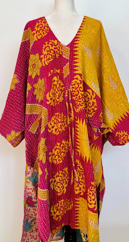 Kantha Dreams, Midi Cotton Dress Goes Everywhere (Red, Pink, Yellow)