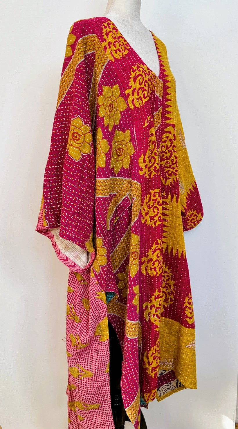 Kantha Dreams, Midi Cotton Dress Goes Everywhere (Red, Pink, Yellow)